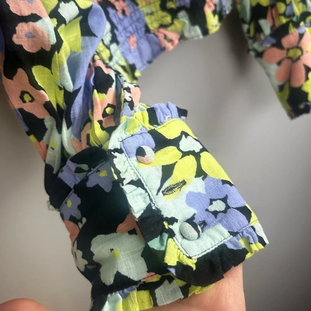 Free People Ariana Floral Retro Combo Balloon Sleeve Smocked Blouse Size Large